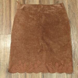 Siena Studio Brown Pencil Skirt with Embroidered Hem, Vintage Leather Skirt